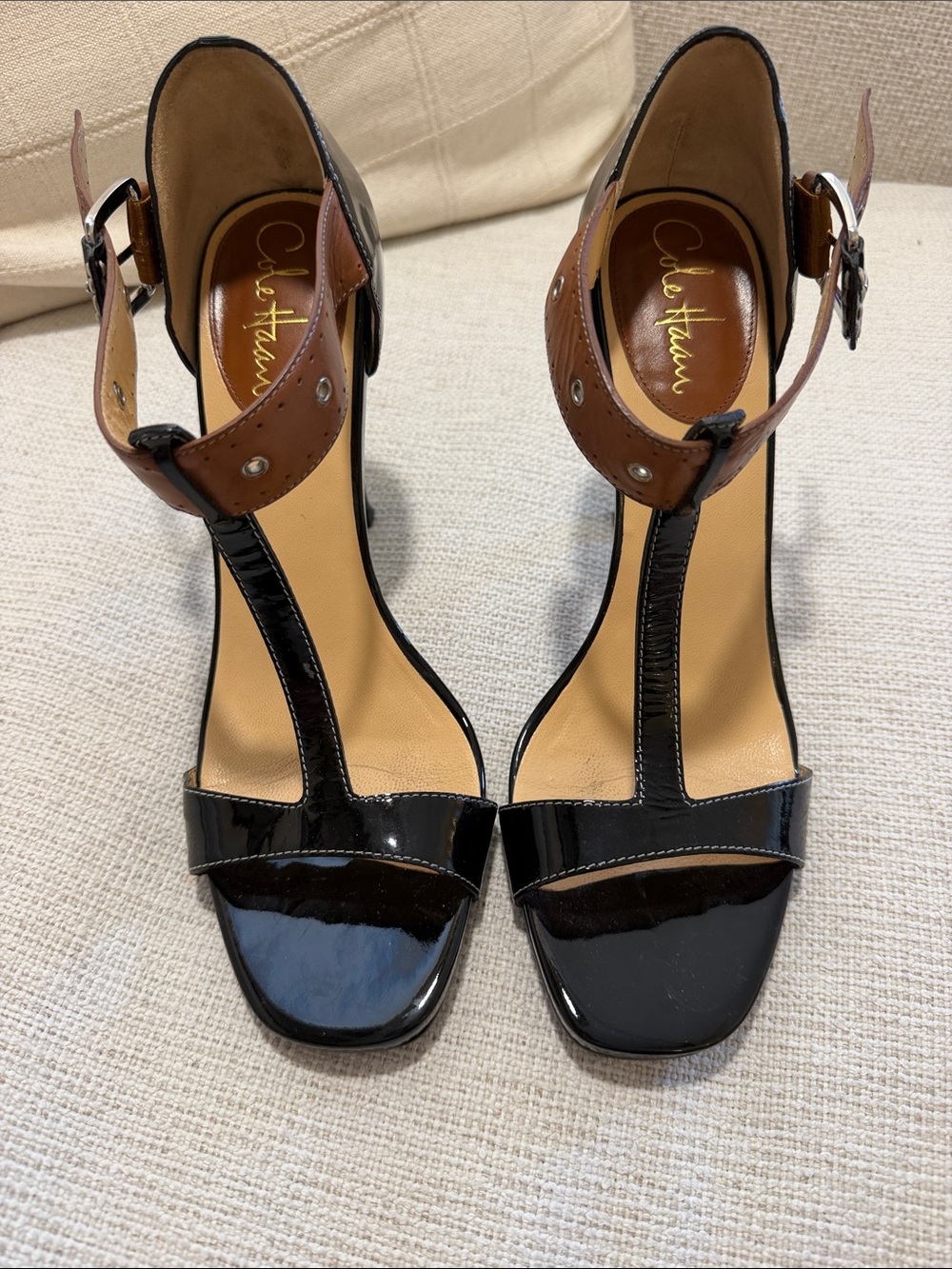 Cole Haan Nike Air Black Patent Leather T-Strap Heels with Brown Ankle Strap